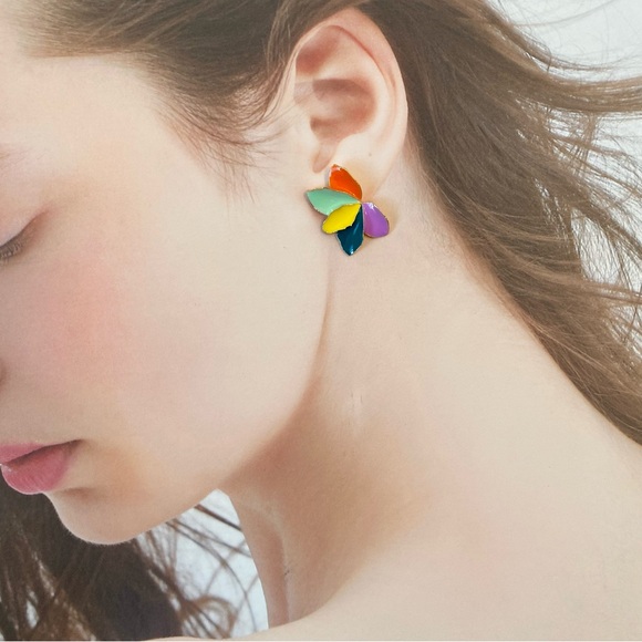 4/$15 Colorful Enamel Orange Teal Green Purple Yellow Flower Petals Earrings - Picture 3 of 6